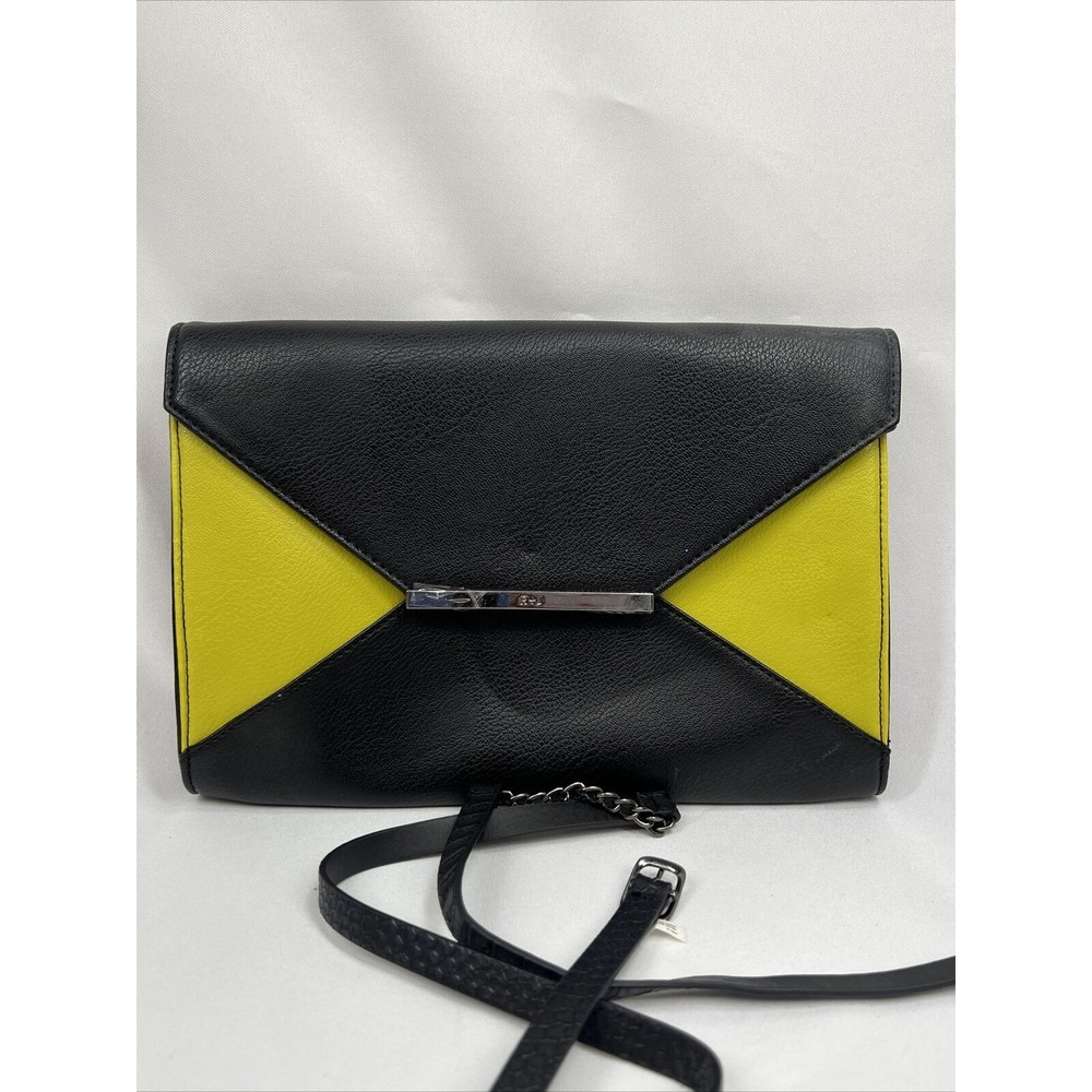 R & J Black￼ Yellow Purse Fold Clutch Shoulder Strap ? Magnet Closure Envelope